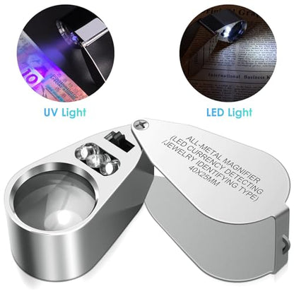 40X Jewelers Loupe Magnifier Magnifying Glasses, LED/UV Illuminated Jewelry Loop Pocket Folding Magnifying Glass with Metal Construction for Close Work, Gardening, Kids, Stamp, Rock Collecting - size: 1 Pack