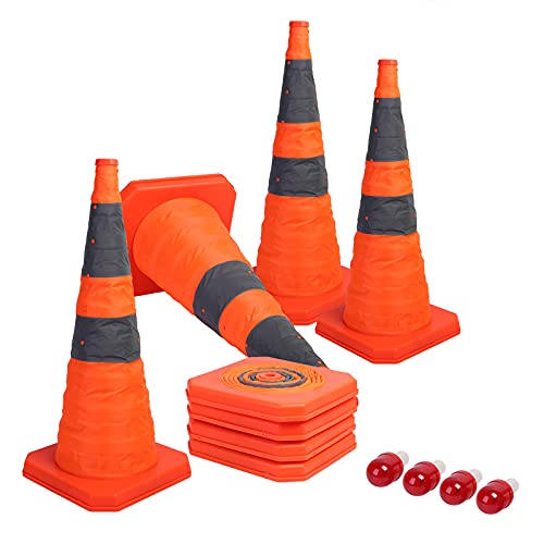 Sunnyglade 4 Pack 28 inch Collapsible Traffic Cones with LED Light Orange | Orange Collapsible Traffic Cones with Reflective Bands Led Lights High-Visibility Oxford Fabric for Parking and Road Safety