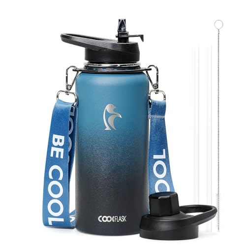 Coolflask 32 oz Water Bottle Insulated Stainless Steel with Strap - color: Blue, size: 32 Ounces