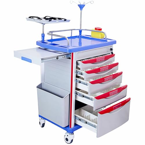 Crash Cart with Accessories - Mobile Emergency Treatment Trolley with IV Pole, Cardiac Board, O₂ Tank Holder, Trash Bin & Drawers for Clinic Nursing Center