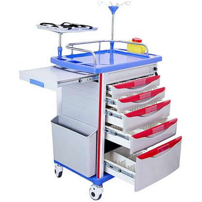 Crash Cart with Accessories - Mobile Emergency Treatment Trolley with IV Pole, Cardiac Board, O₂ Tank Holder, Trash Bin & Drawers for Clinic Nursing Center