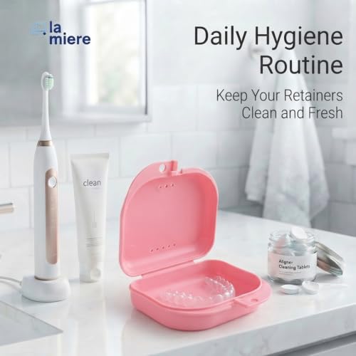 LA MIERE RetainerCase Slim Cute Retainer Holder Dental Thin Container Braces Case Denture Night Mouth Guard Aligner Case, Pink - color: Pink