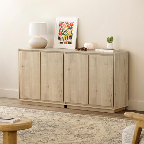 Buffet Storage Cabinet Set of 3, Sideboard Accent Cabinet with Adjustable Shelves and Handless Design, Credenza, Console Table for Living Room, Light Oak