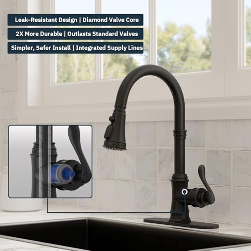 BWE Black Kitchen Faucet with Pull Down Sprayer, Solid Brass High Arc Single Handle Sink Faucet for Farmhouse Kitchen, 3 Spray Modes