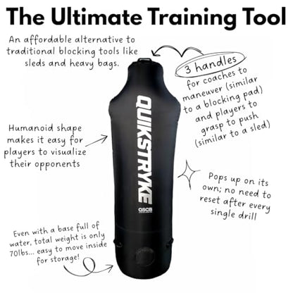 Football Tackle Dummy with Water Weighted Base for D-Line Training - 69" Tall, Black, 70 lbs - Pop-Up Blocking Pad Alternative for Off-Season Training