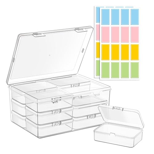 Medium Plastic Organizer Boxes, 12 Clear Containers with Hinged Lids, for Beads, Jewelry, Crafts, Electronics, Hardware, School Supplies (32 Labels)