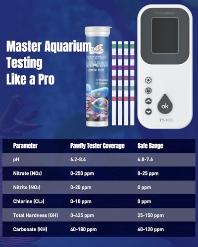 Pawfly 6 in 1 Digital Water Testing Kit, 50 Strips Fresh/Salt Aquarium Water Test Kit, Fish Tank Water Testing Kit, Digital Water Tester for pH, Nitrate, Nitrite, Chlorine, Total Hardness & Carbonate - size: Water Testing Kit