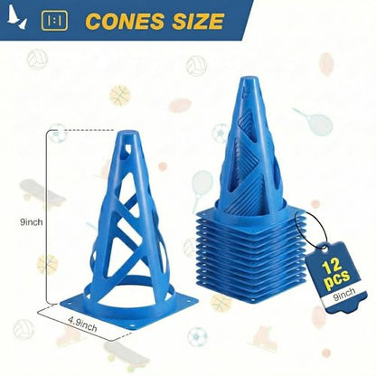 12 Pack Soccer Cones, 9 Inch Agility Cones for Soccer, Football, Basketball, Cones for Sports Training, Speed & Agility Drills, Field Marking Equipment - color: blue