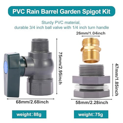 3/4 Inch Rain Barrel Spigot Kit - BILAL Water Barrel PVC Garden Diverter Kit with Bulkhead Fitting Hose Faucet Adapter and Thread Seal Tape for Water Tanks, Aquariums, Tubs, Pool, Garden Barrel - size: 1-Set