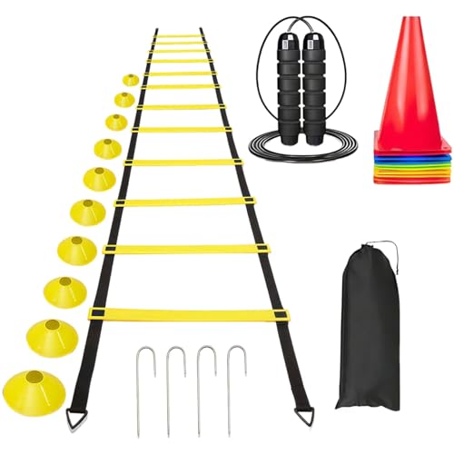 6 Meters 12 Rung Speed Ladder, 19.7 Ft Agility Training Set, with Carry Bag and 10 Soccer Cones, Agility, Speed, Coordination Drills, Soccer Training Equipment