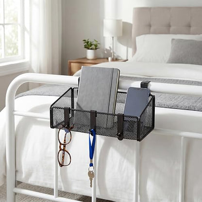 Bedside Shelf for Bed & Bunk Bed Storage Basket Office Cubical Wall Hanging Organizer - 5 Different Size Hooks - College Dorm Home Office Essentials for Phone,Book,Drink,Tissue (White)
