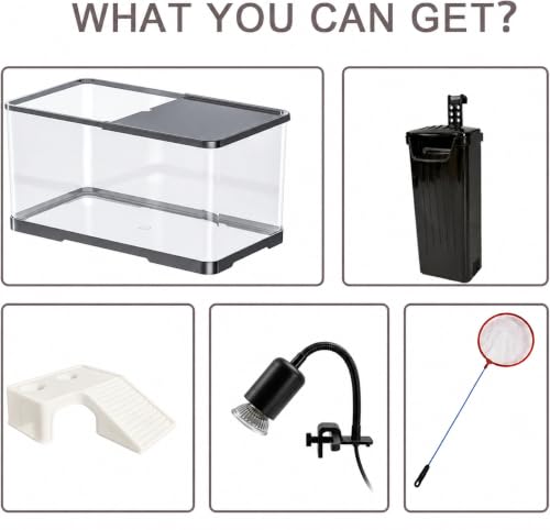 Upgraded 3 GAL Turtle Tank Kit(Tank+3.5W Filter+Light+Basking Platform),Fish Tank Starter Kit, Aquarium for Crabs,Fishes,Amphibians,Reptiles(12 * 7.7 * 7.2 Inch)