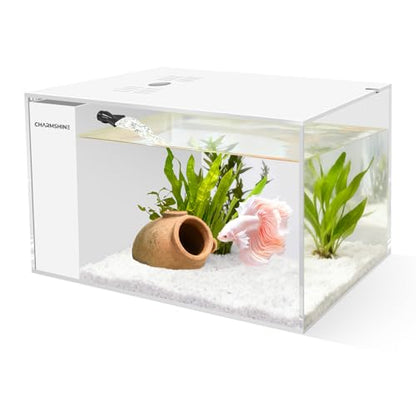 Small Fish Tank Betta 2.5 Gallon Desktop Aquarium Kit with LED Light and Water Pump & Black Filter Sponge & Bio Ball Filter Media Compact Aquarium for Betta Fish, Shrimp(White)