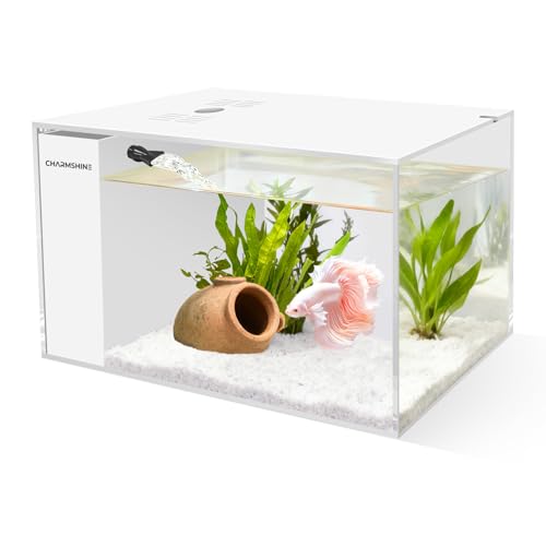 Small Fish Tank Betta 2.5 Gallon Desktop Aquarium Kit with LED Light and Water Pump & Black Filter Sponge & Bio Ball Filter Media Compact Aquarium for Betta Fish, Shrimp(White)