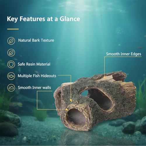 Aquarium Decorations Resin Hollow Tree Trunk Ornament Bettas House Cave Wood House Decor for Fish Tank, Large