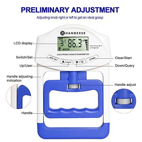 Digital Grip Strength Tester, 198 lb Hand Dynamometer, Blue | 198 lb Capacity; 0.2 lb Increments; 19 User Profiles; Adjustable Handle; LCD Display; For Sport and Rehab