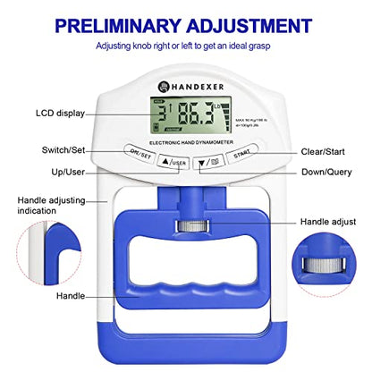 Digital Grip Strength Tester, 198 lb Hand Dynamometer, Blue | 198 lb Capacity; 0.2 lb Increments; 19 User Profiles; Adjustable Handle; LCD Display; For Sport and Rehab