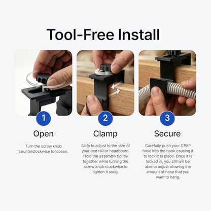 CPAP Hose Holder Adjustable Clamp Mount – No Drill Bed Rail Clip, Secure U-Shape Tube Hook for Tangle-Free CPAP Tubing Support - Made in USA - Black