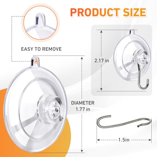 Suction Cup Hooks 16Pack - Max Load 10LB, 1.77Inch Clear Medium Suction Cups, No Trace, Reusable & Removable, Stainless Steel Hooks, for Tile, Glass, Window, Shower, Kitchen, Bathroom - size: 16pc-Medium Size