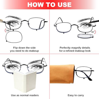 Makeup Reading Glasses for Women Metal Frame Flip Down Magnifying Cosmetic Readers Blue Light Blocking - color: Black