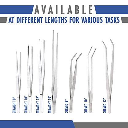 Stainless Steel Tweezers Straight Tip 10 inch, Durable Lightweight Garden Feeding Aquatic Plants Forceps Tongs with Comfortable Ridged Long Handle for Crafting Cooking Aquariums Repairing All-Purpose