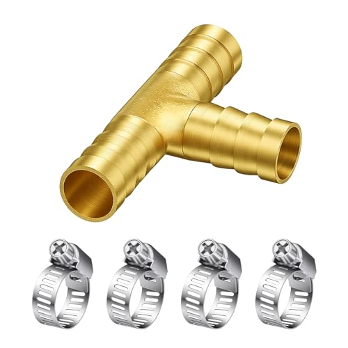 3/8" Hose Barb Fitting Kit, Brass Straight Connector for Fuel Line, Air, Water, Oil, Gas, Pressure Washer, Soaker & Hydraulic Hoses Repair - Includes Stainless Steel Clamps (3-way-T) - style: 3-way-T