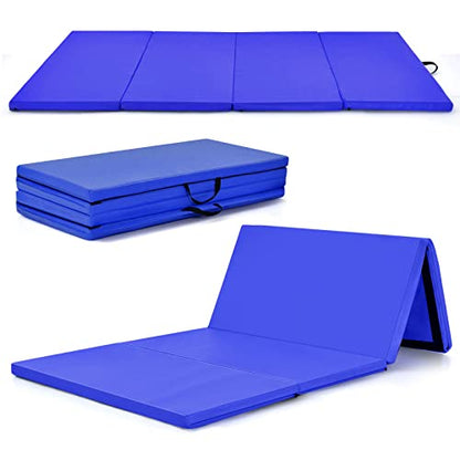 GYMAX Gymnastics Mat, 4 FT x 8 FT x 2 Inches Folding Exercise Mat w/Carry Handles & Sturdy Stitching Waterproof Cover, Tumbling Mat for Yoga Stretching Martial Arts Home Gym - color: Dark Blue