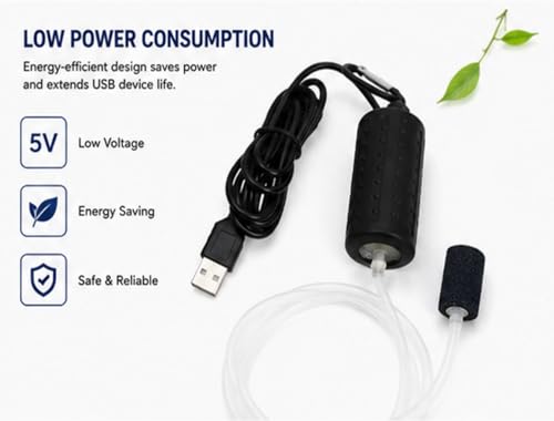 USB Powered Aquarium Air Pump, Portable Fish Tank Oxygen Pump with Air Stone, Black and White, Quiet Operation