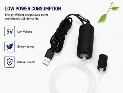 USB Powered Aquarium Air Pump, Portable Fish Tank Oxygen Pump with Air Stone, Black and White, Quiet Operation