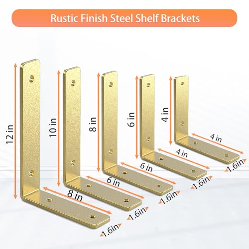 Gold Shelf Brackets 6 Inch, Rustic Iron L Shelf Bracket,Heavy Duty Industrial Shelf Bracket,Gold Metal L Brackets for Shelves Support DIY, 6 Pack