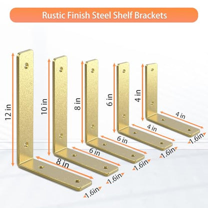 Gold Shelf Brackets 6 Inch, Rustic Iron L Shelf Bracket,Heavy Duty Industrial Shelf Bracket,Gold Metal L Brackets for Shelves Support DIY, 6 Pack