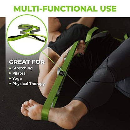 Stretching Strap for Physical Therapy, 12 Multi-Loop Stretch Strap 1" W x 8' L, Neoprene Handles, Physical Therapy Equipment, Yoga Straps for Stretching, Leg Stretcher. - color: Green/Grey