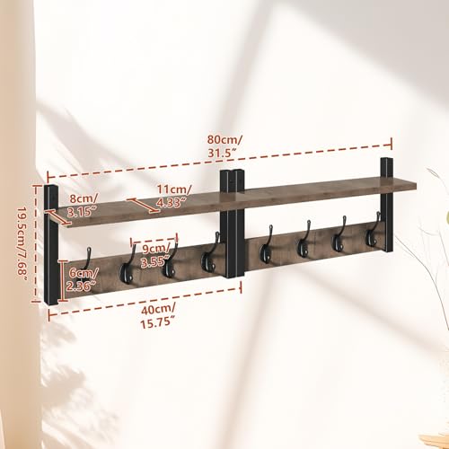 YMYNY Coat Rack Wall Mount with Shelf and Hooks, Silver Gray UHWS001Y-2 | 2 Pack Wooden Wall Mounted Coat Hanger with Shelf and 8 Double Hooks, Wall Coat Rack for Entryway Hallway Bedroom Bathroom - color: Silver Gray, size: 31.5"-2 pack