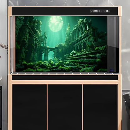 Underwater Aquarium Background Undersea Roman Building with Plants Around Seabed Fish Tank Background Underwater Building Stone with Moss Terrarium Background Undersea Aquarium Backdrop 30x18in - color: Ocean Green, size: 30(W)x18(H)in