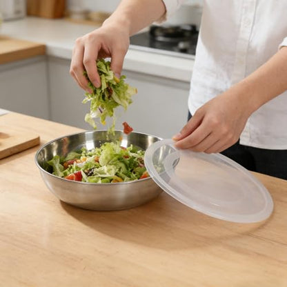 Extra Large Stainless Steel Salad Bowl with Lid and Salad Servers, Wide Mouth Mixing Bowl, Stackable Food Prep Bowl for Kitchen, Fruit, Pasta, Party, Leftovers
