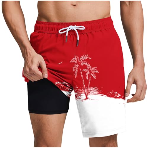 Men's Swim Trunks with Compression Liner Drawstring Bathing Suits Board Beach Shorts with Pockets - color: Red, size: Large