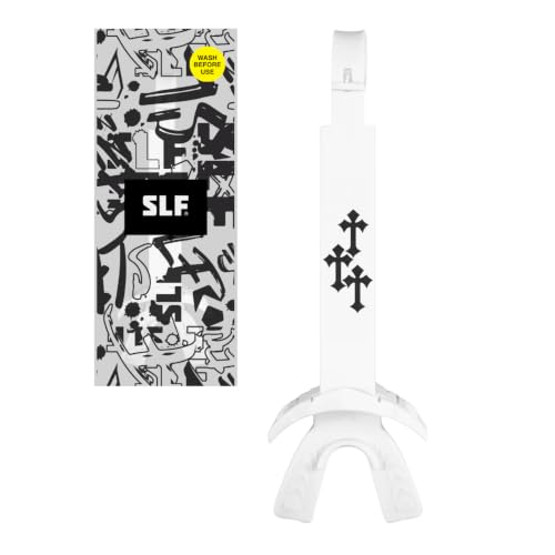SLEEFS X Gothic Cross White Football Mouth Guard with Helmet Strap - Lip/Teeth Protector Mouthpiece - Moldable - for Youth/Adults, Men & Women Mouth Guard, Maximum Air Flow, Lacrosse, All Sports - color: Gothic Cross White