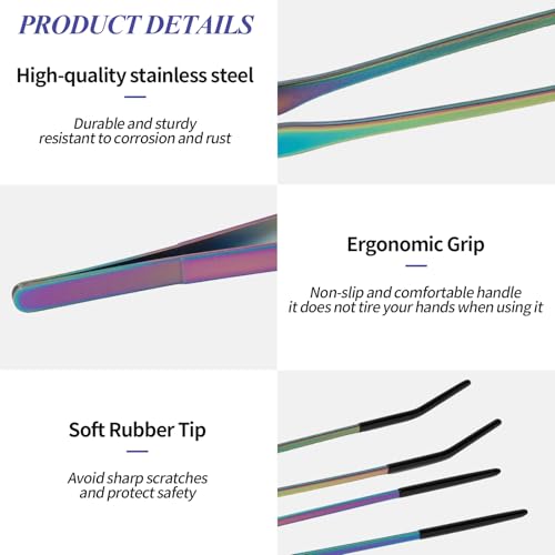 2PCS Reptile Feeding Tongs,10.6" Extra Long Stainless Steel Tweezers with Rubber Tips, Bearded Dragon Lizards Aquarium Straight and Curved Tweezers for Snake Feeding, Terrarium, Aquarium(Colorful)