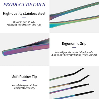 2PCS Reptile Feeding Tongs,10.6" Extra Long Stainless Steel Tweezers with Rubber Tips, Bearded Dragon Lizards Aquarium Straight and Curved Tweezers for Snake Feeding, Terrarium, Aquarium(Colorful)