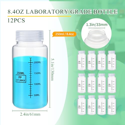 Tatuo 12 Pcs 8oz 250 ml Plastic Sample Bottles with Screw Cap, Liquid Containers with Lid for Lab Reagent Sample Medicine Pill Water Storage, Travel Bottles(Clear,Wide Mouth-Dark Scale)