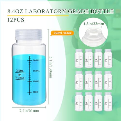 Tatuo 12 Pcs 8oz 250 ml Plastic Sample Bottles with Screw Cap, Liquid Containers with Lid for Lab Reagent Sample Medicine Pill Water Storage, Travel Bottles(Clear,Wide Mouth-Dark Scale)
