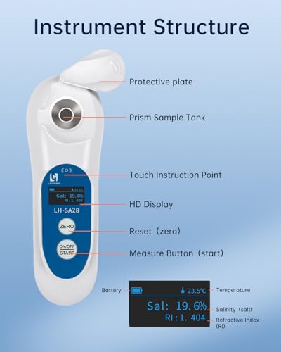 3-in-1 Digital Salinity Refractometer with ATC/Refractive Index(RI), Accurate Measurement with Precision Light-Blocking Cover, Fast Touchscreen Test Spoon Meat/Aquarium/Saltwater, Salt Content:0-28%