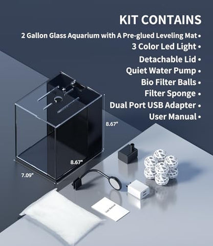 2 Gallon Fish Tank Aquarium Kit with Hidden Filtration, LED Light, Lid, Small Rimless Glass Betta Tank