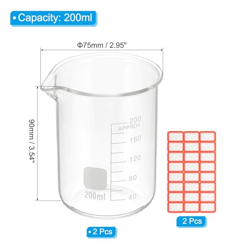 PATIKIL 200ml Glass Beaker, 2 Pack Measuring Glass Beaker Graduated Borosilicate Lab Cups Mug Low Form Heat Safe Transparent with Spout Label for Laboratory Science Kitchen Liquids - size: 200ml