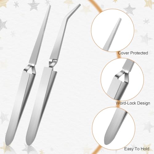 Reverse Tweezers, 2 Pcs Reverse Tweezers for Crafting, Rubber Tipped Electronics Tweezer Stainless Steel Bent and Straight Flat Tip Cross Locking Precision Tweezer Set for Crafts Jewelry Beads Coins
