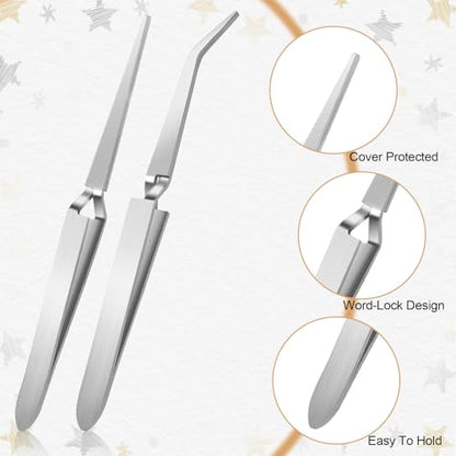 Reverse Tweezers, 2 Pcs Reverse Tweezers for Crafting, Rubber Tipped Electronics Tweezer Stainless Steel Bent and Straight Flat Tip Cross Locking Precision Tweezer Set for Crafts Jewelry Beads Coins