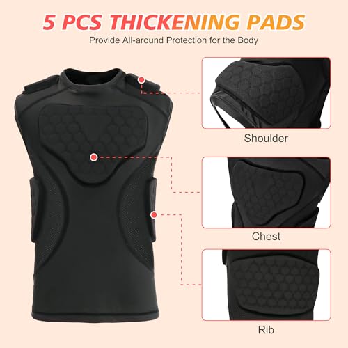 GUOZI Youth Football Padded Shirt with Chest Rib Shoulder Protectors | 5-Pad Impact Protection Compression Undershirt Vest With Heart Sternum For Football Baseball Lacrosse Paintball - size: X-Large, style: Black