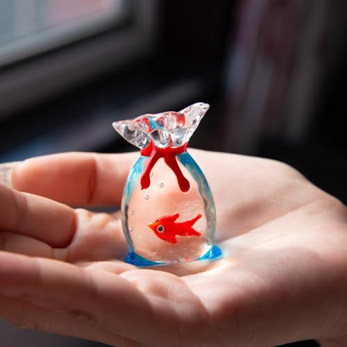 Hand-Blown Glass Goldfish in Bag Figurine, 2" Miniature Red/Orange Fish with Clear Water Texture, Cute Lampwork Animal Sculpture, Kawaii Desk Accessory & Aquarium Decor
