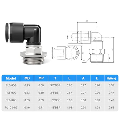 TAILONZ PNEUMATIC Male Elbow 8mm Tube OD x 3/8 Inch BSP 90 Push to Connect Fittings PL8-03 (Pack of 10) - size: 8mm OD 3/8''BSP
