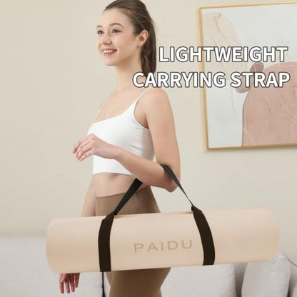 PAIDU POE Yoga Mat （10mm）Extra Thick Fitness Mat 72"x24" with Carry Strap | Non-slip, tear-resistant and suitable for all ages, perfect for yoga, Pilates, home gym and full-body workouts. - color: Beige+Black.